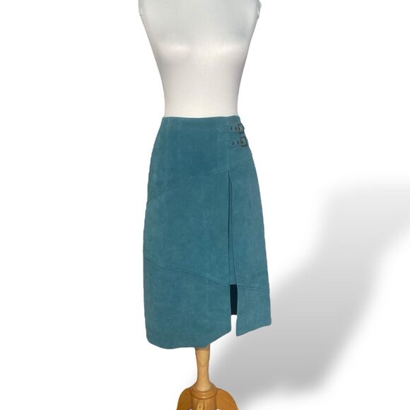 Anthropologie Leifsdottir Women Suede Leather Knee Length Skirt Teal Size 10